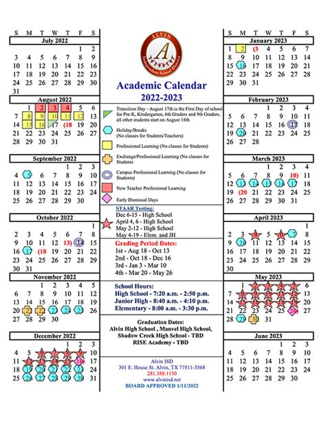 Alvin isd 2023 24 calendar - December 2023 September 2023 October 2023 January 2024 April 2024 First day of School August 28 Last day for Students June 5 Last day for teachers June 6 School Day Start and End Times 7:30 – 3:00 Elementary 8:30 – 4:00 K-8 and Middle School 8:30 – 4:10 High School Grading Cycles (No. of Days) Aug. 28 – Oct. 2 (24) Oct. 3 – Nov. 10 ...